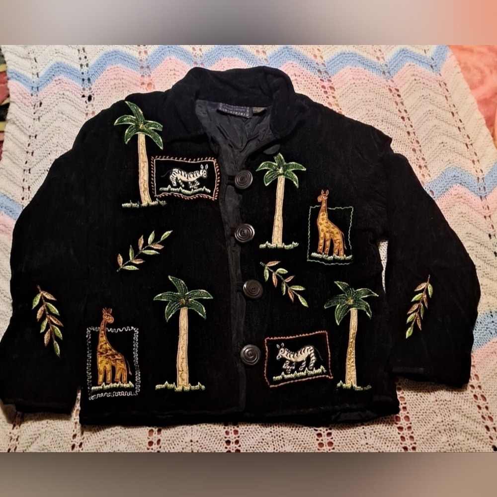Vintage Safari Embroidered Corduroy Jacket‎ Black Giraffe Zebra Palm Tree Art L